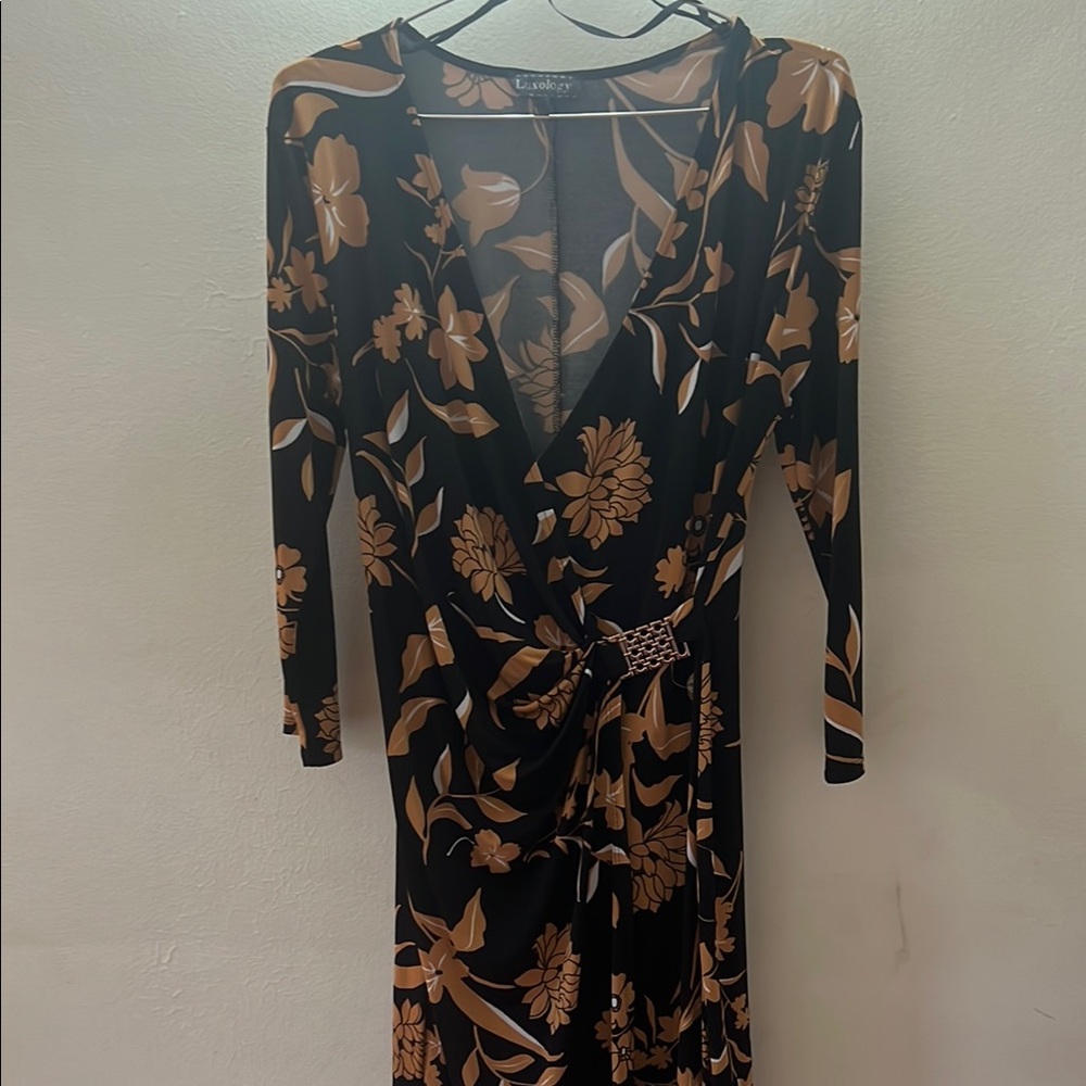 Luxology Black and Brown Floral Long Sleeve Dress